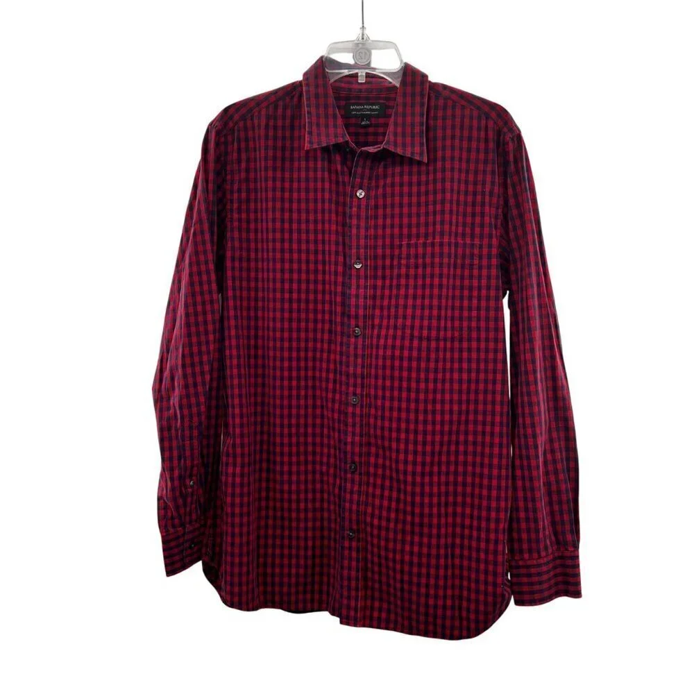 Banana Republic Men's Tailored Slim Fit Button Up Shirt Red/Blue Check Large